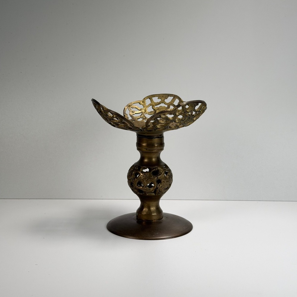 Vintage Mid Century Brass Candlestick Holder Ornate Gold Filigree Floral French